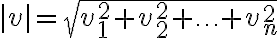 |v| = \sqrt{v_1^2 + v_2^2 + \ldots + v_n^2} |v| = \sqrt{v_1^2 + v_2^2 + \ldots + v_n^2}