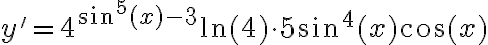 y' = 4^{\sin^5 (x) - 3}\ln(4) \cdot 5\sin^4 (x) \cos (x) y' = 4^{\sin^5 (x) - 3}\ln(4) \cdot 5\sin^4 (x) \cos (x)