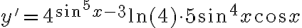 y' = 4^{\sin^5 x - 3}\ln(4) \cdot 5\sin^4 x \cos x y' = 4^{\sin^5 x - 3}\ln(4) \cdot 5\sin^4 x \cos x