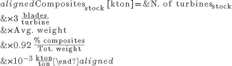  \begin{aligned}
                \text{Composites}_{\text{stock}}\,[\text{kton}] ={}&
                \text{N. of turbines}_{\text{stock}} \\
                &\times 3\,\frac{\text{blades}}{\text{turbine}} \\
                &\times \text{Avg. weight} \\
                &\times 0.92\,\frac{\%\text{ composites}}{\text{Tot. weight}} \\
                &\times 10^{-3}\,\frac{\text{kton}}{\text{ton}}
                \end{aligned} 