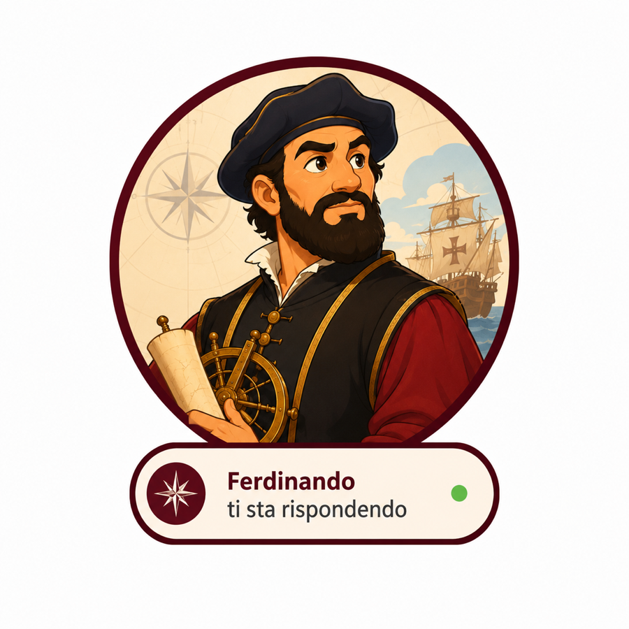 Illustrazione di Ferdinando Magellano con strumenti di navigazione